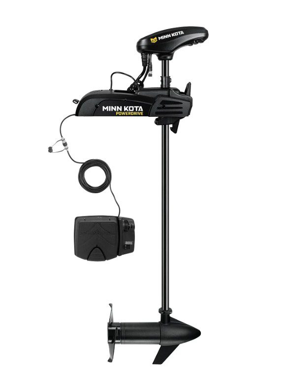 A Minn Kota electric trolling motor with a black battery box.
