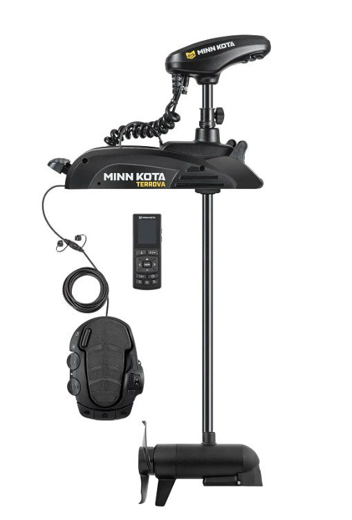 Minn Kota trolling motor with remote and carrying bag.