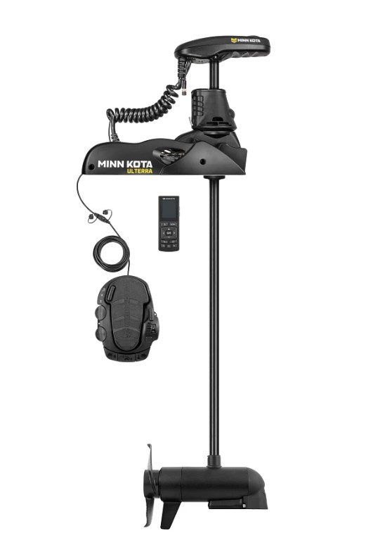 Electric trolling motor kit with control handle and battery pack.