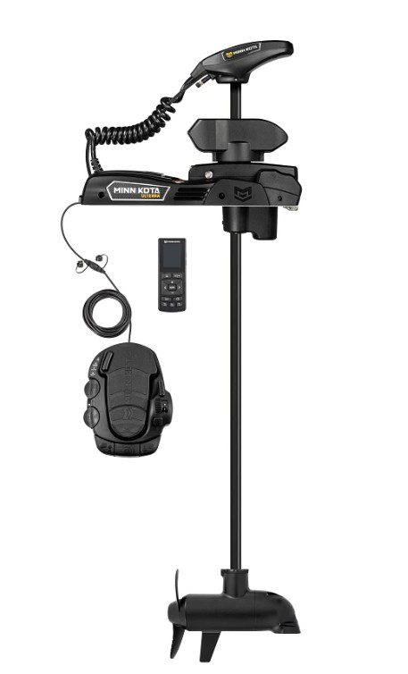 Electric ice auger with handle, motor, and remote control.