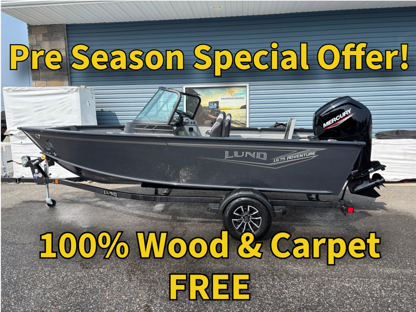 A sleek Lund fishing boat on a trailer with promotional text overlay.