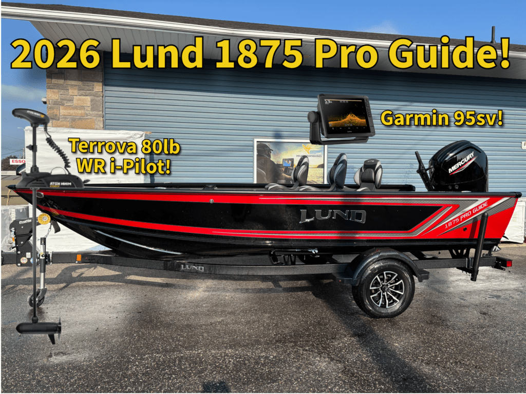 2026 Lund 1875 Pro Guide fishing boat equipped with Garmin electronics and Terrova trolling motor.