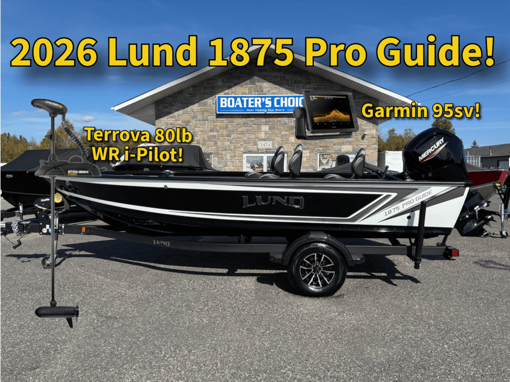 2026 Lund 1875 Pro Guide boat equipped with Terrax 301B WRJ Pilot and Garmin 93.