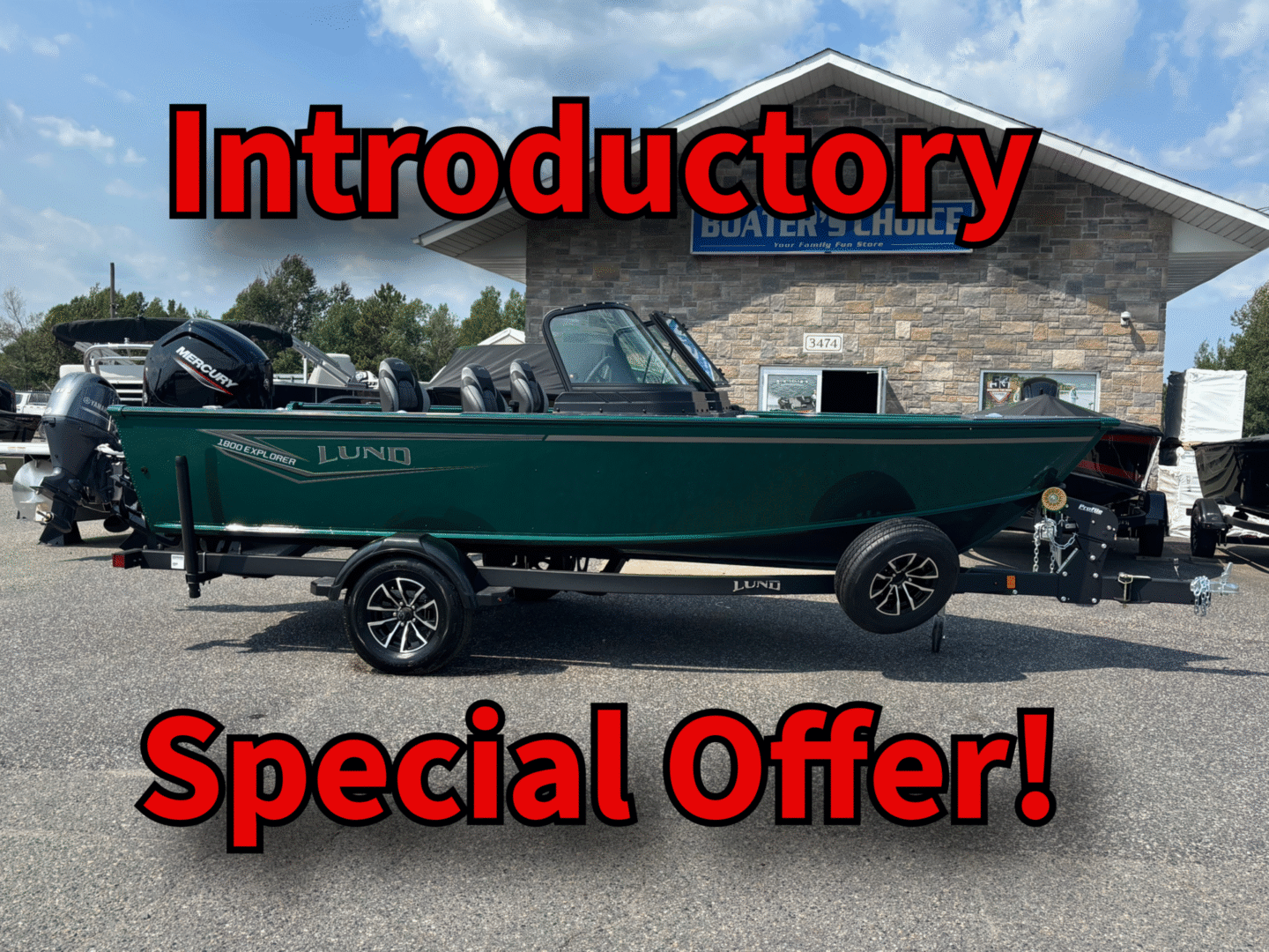 Green amphibious vehicle on display with bold red promotional text.