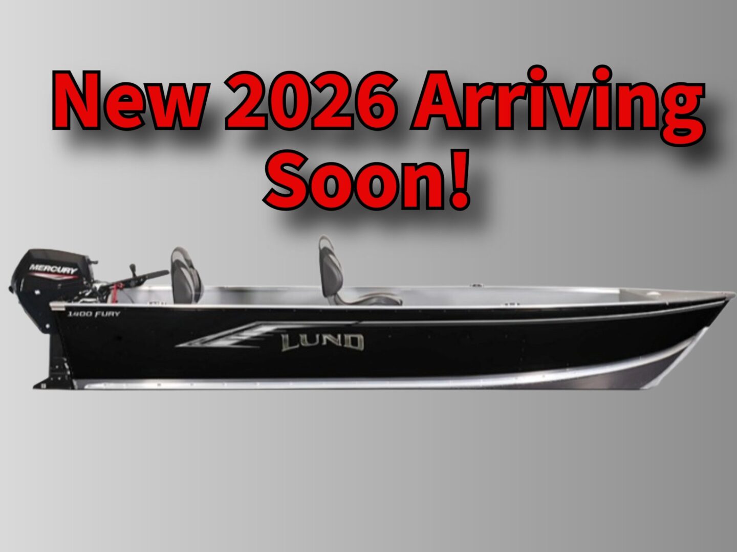 Sleek 2026 Lund boat model showcased with arrival announcement.