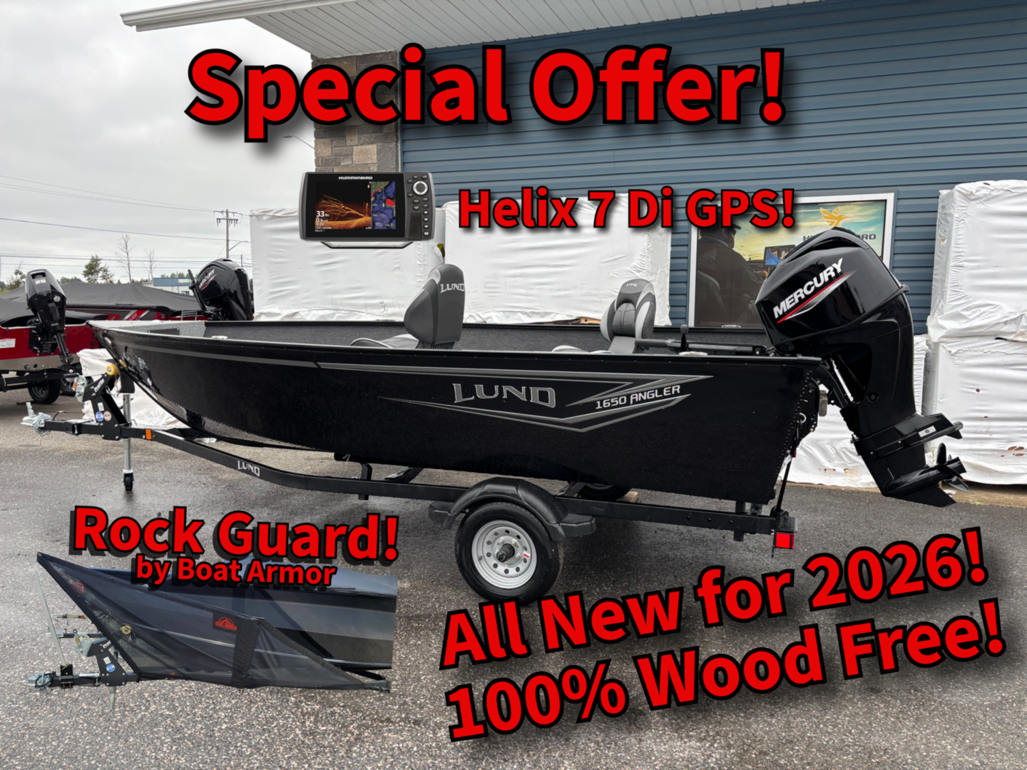 Black Lund 1650 Angler boat on trailer