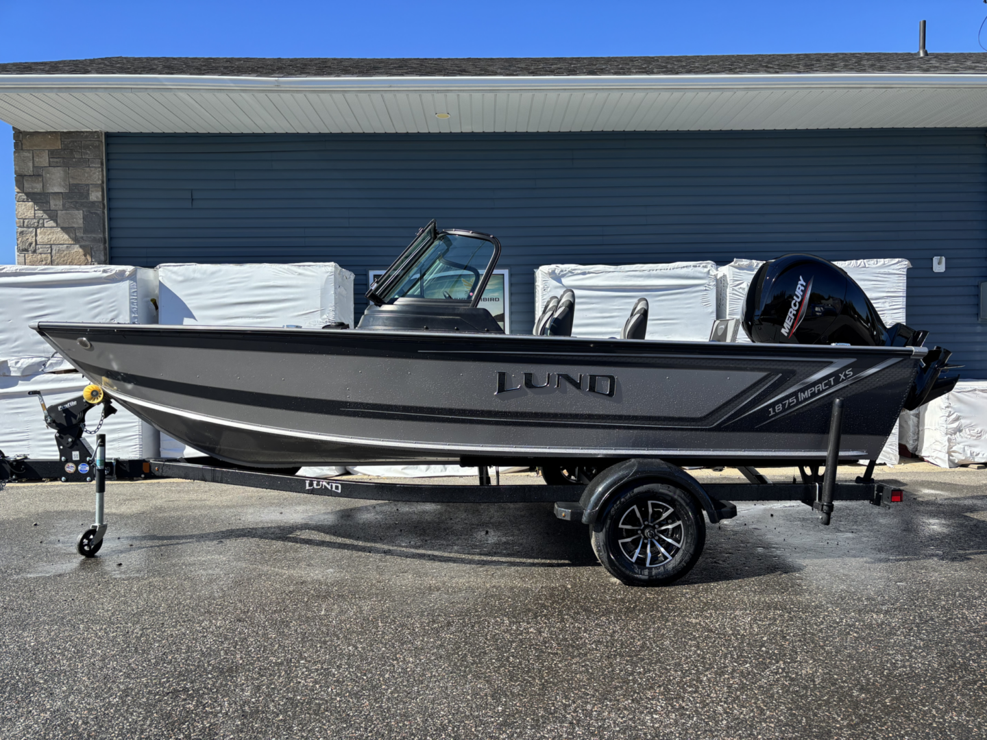 A sleek Lund fishing boat on a trailer under a clear blue sky.