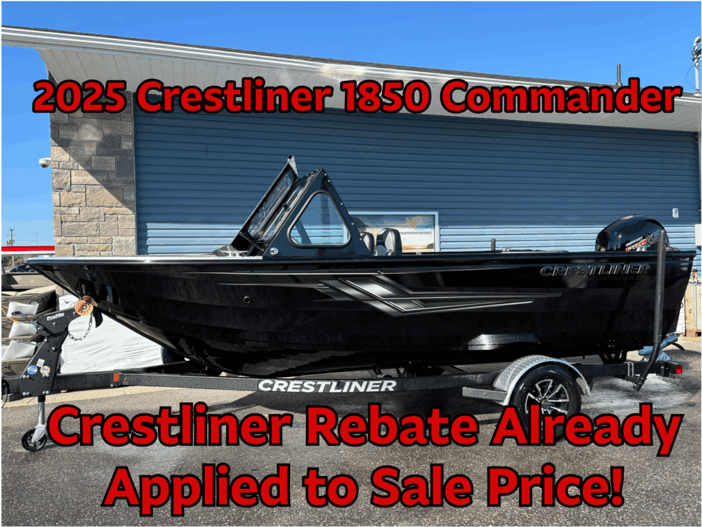 A 1925 Crestliner 1850 Commander boat on trailer with rebate offer.