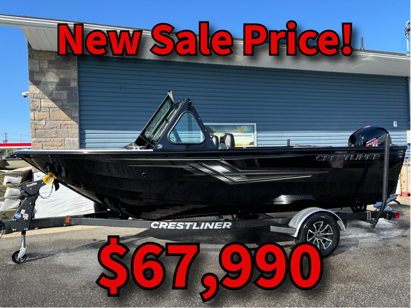 Black Crestliner 1850 on trailer, $67,990