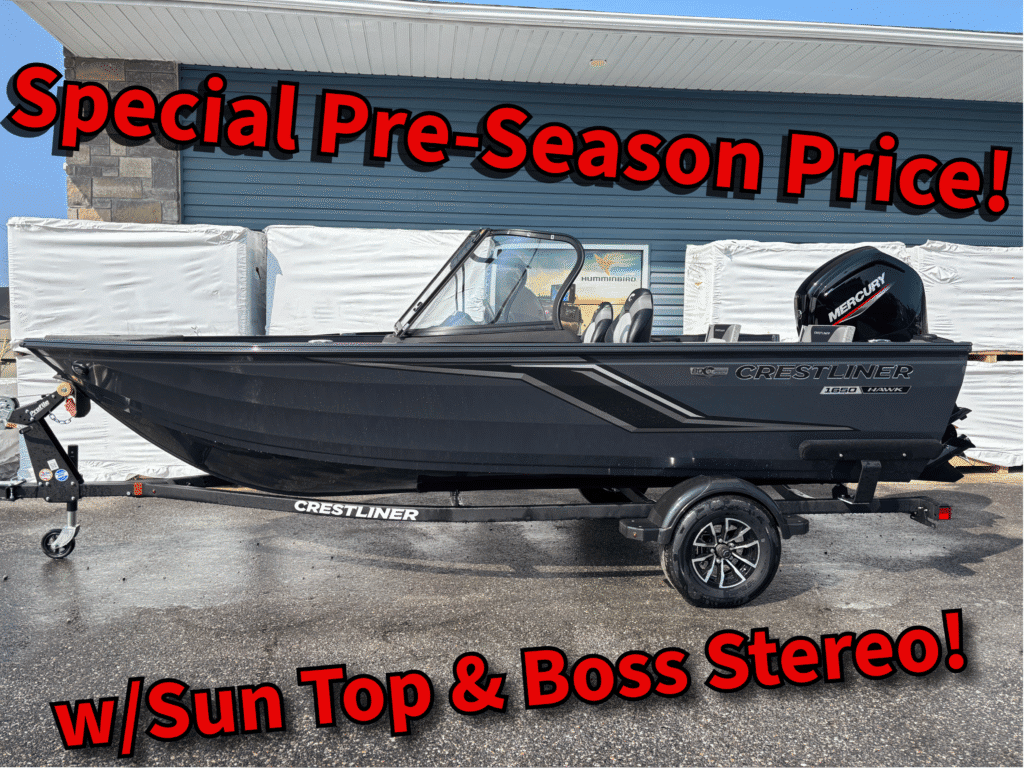 A sleek black fishing boat with special pre-season pricing and features.