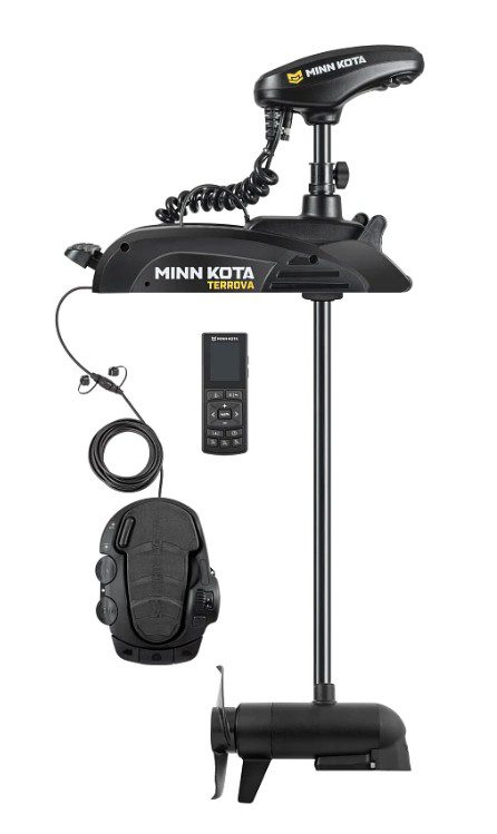 Minn Kota electric trolling motor with remote control and foot pedal.