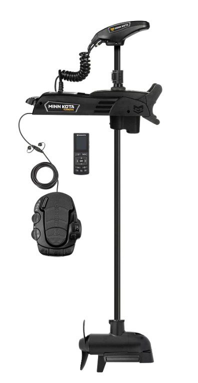 Black remote-controlled trolling motor with foot pedal and handheld remote.