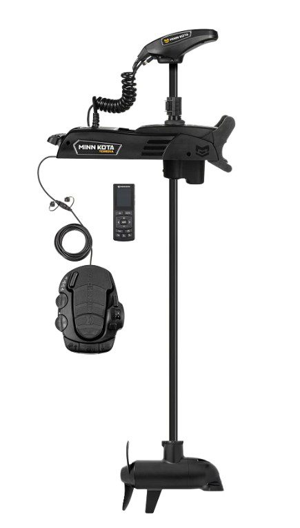 Electric trolling motor with remote control and foot pedal.