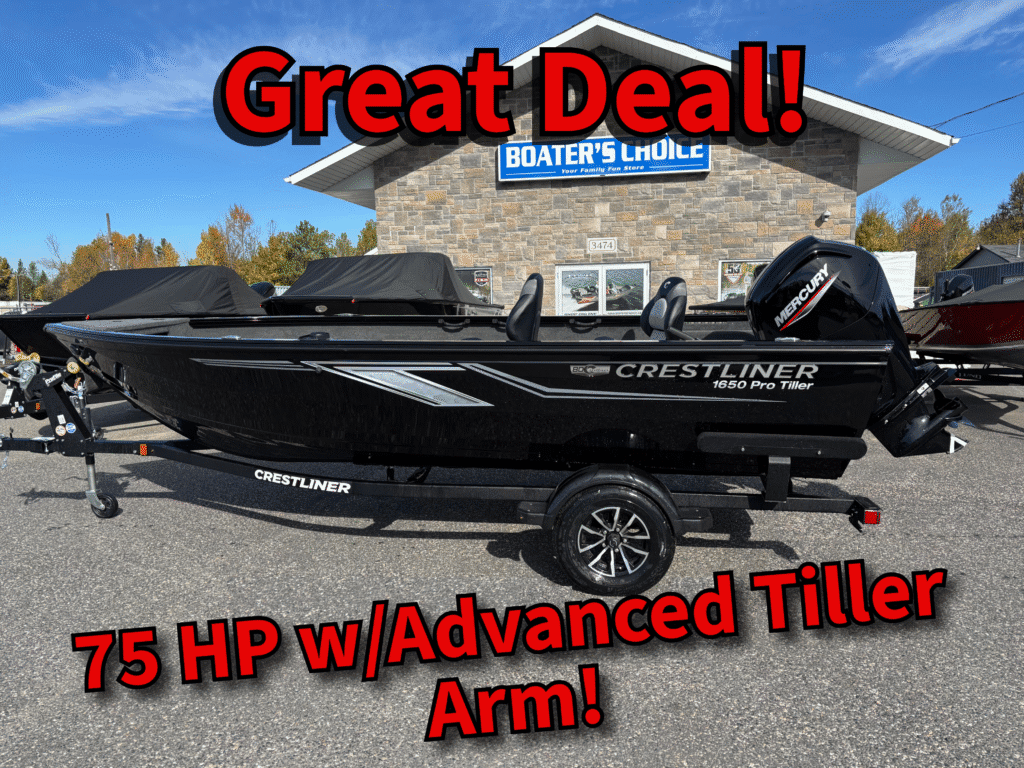 Boat on trailer with promotional text about a great deal and 115 HP engine.