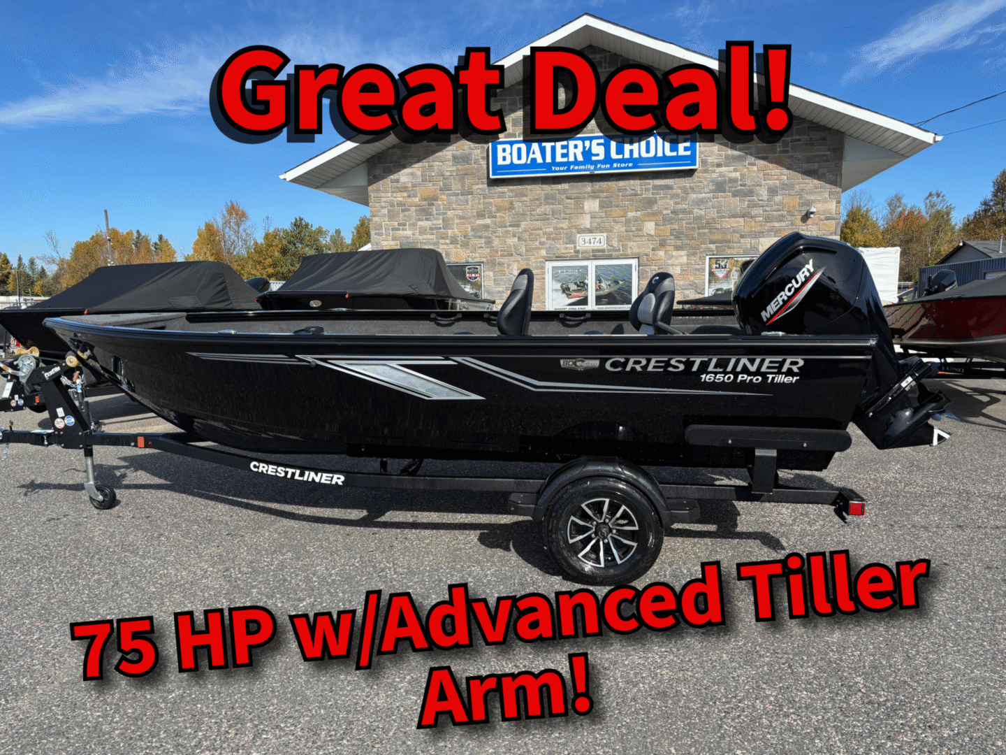 Boat on trailer with promotional text about a great deal and 115 HP engine.