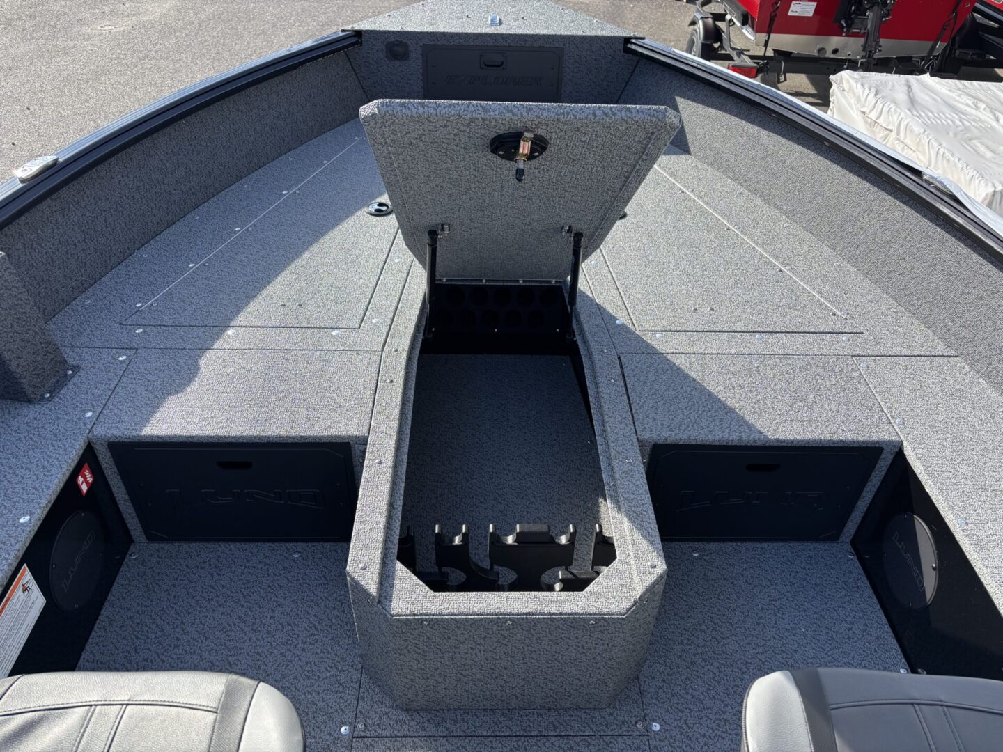 Open storage compartment in a boat's deck.