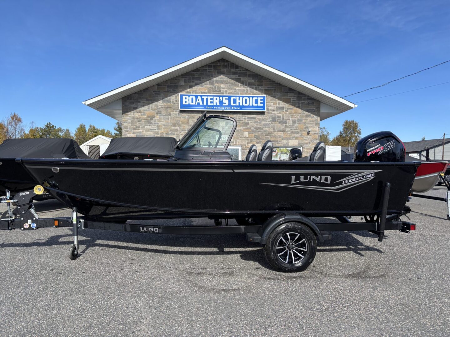 Black Lund fishing boat parked outside a dealership under a clear blue sky.