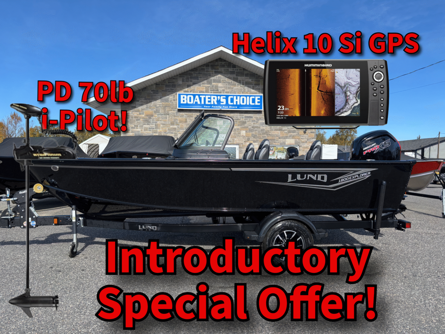 A fishing boat on a trailer with promotional text for a special offer.