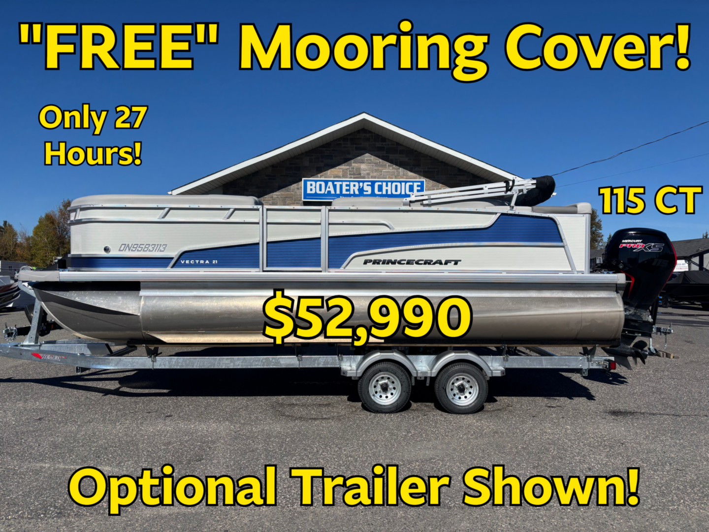Pontoon boat with mooring cover priced at $52,990, optional trailer shown.