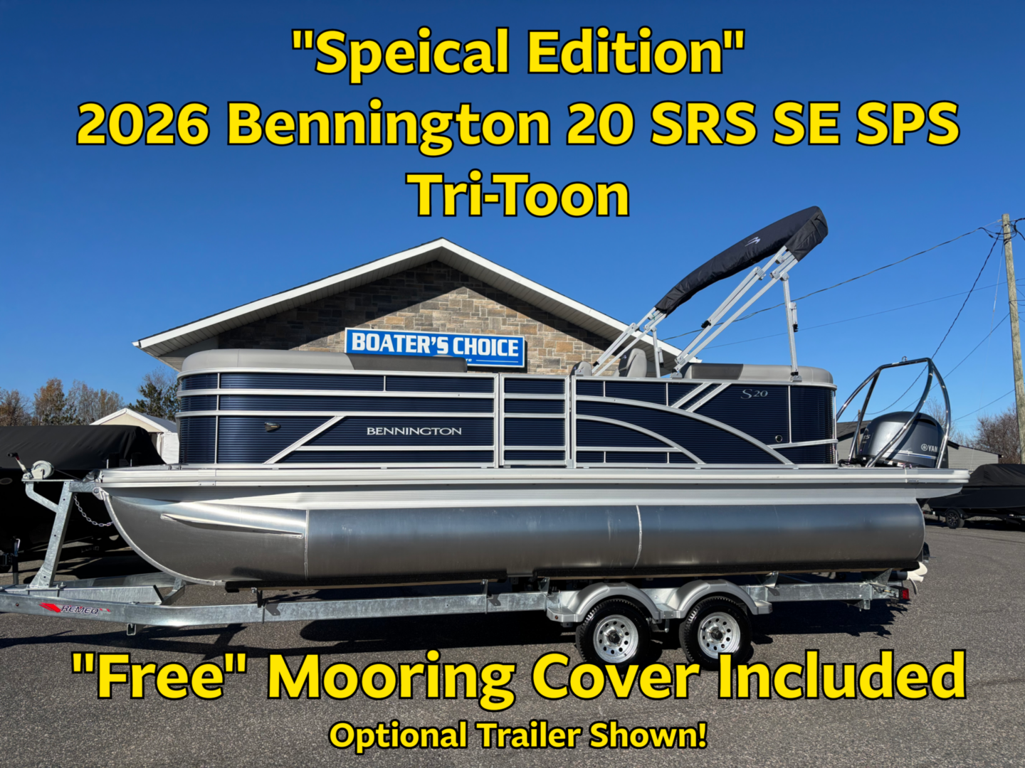 2026 Bennington 20 SRS SE Special Edition Tri-Toon pontoon boat with mooring cover.