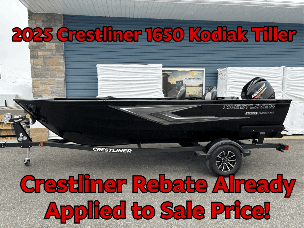 2025 Crestliner 1650 Kodiak Tiller with rebate applied to sale price.