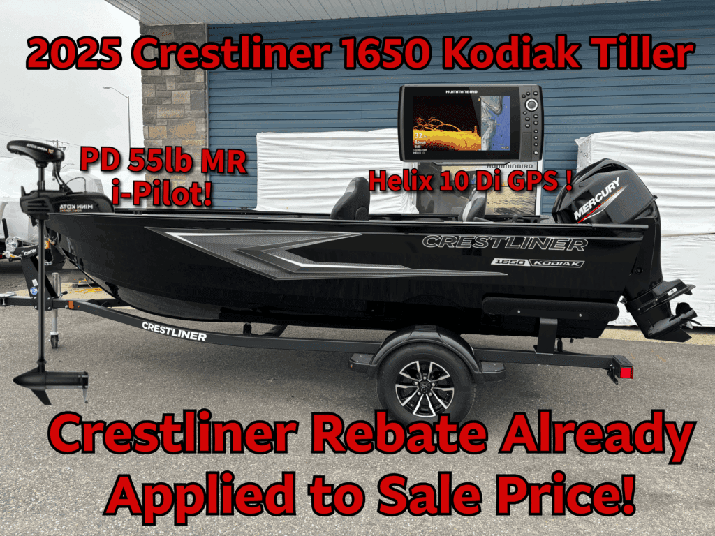 Black Crestliner 1650 Kodiak with trailer, motor, and rebate details shown.