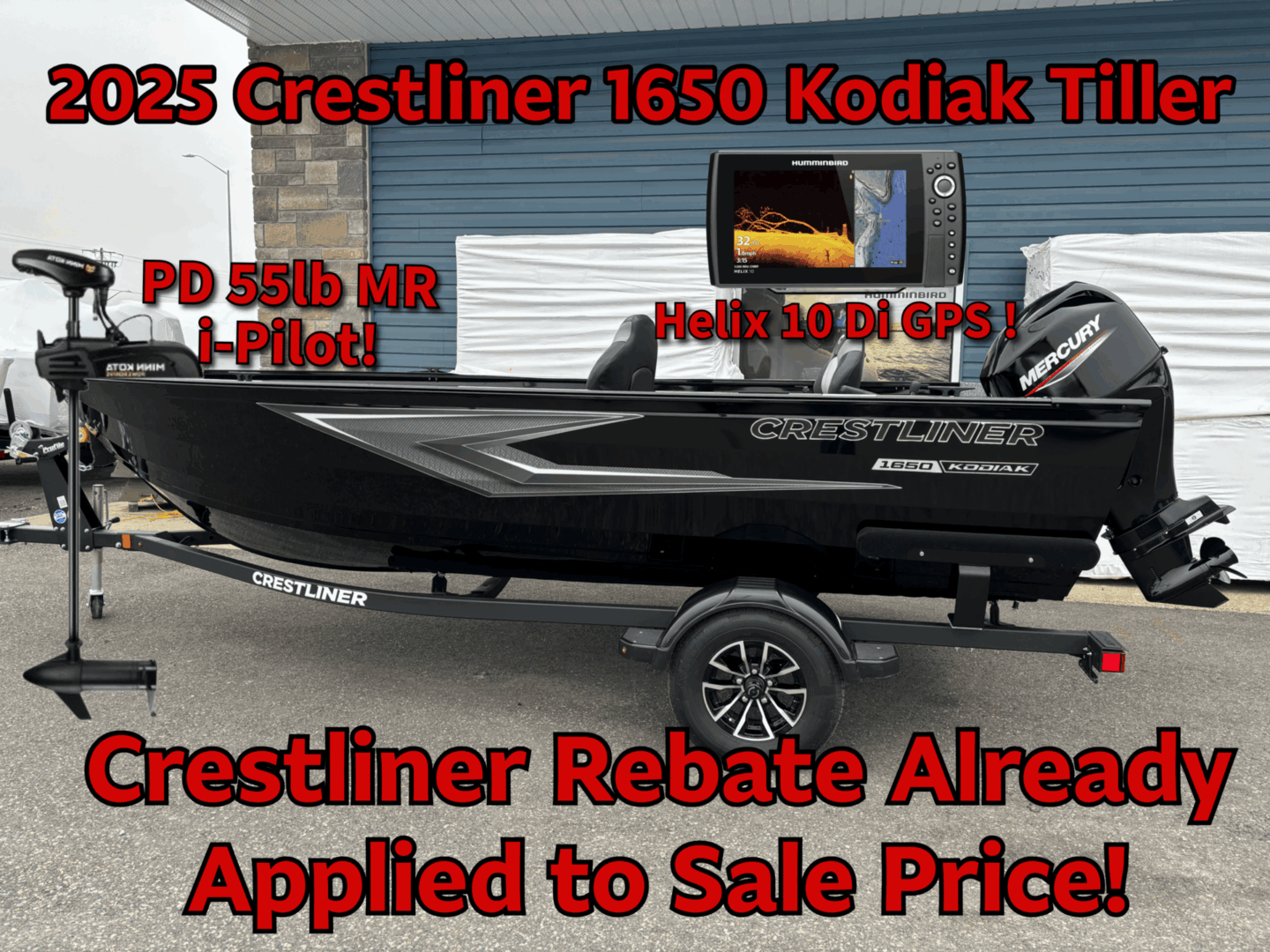 Black Crestliner 1650 Kodiak with trailer, motor, and rebate details shown.