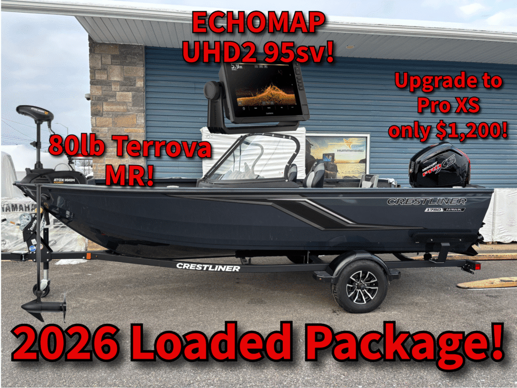 Black bass boat on trailer with text about Echomap UHD2 95sv and Terraova MRI upgrades.