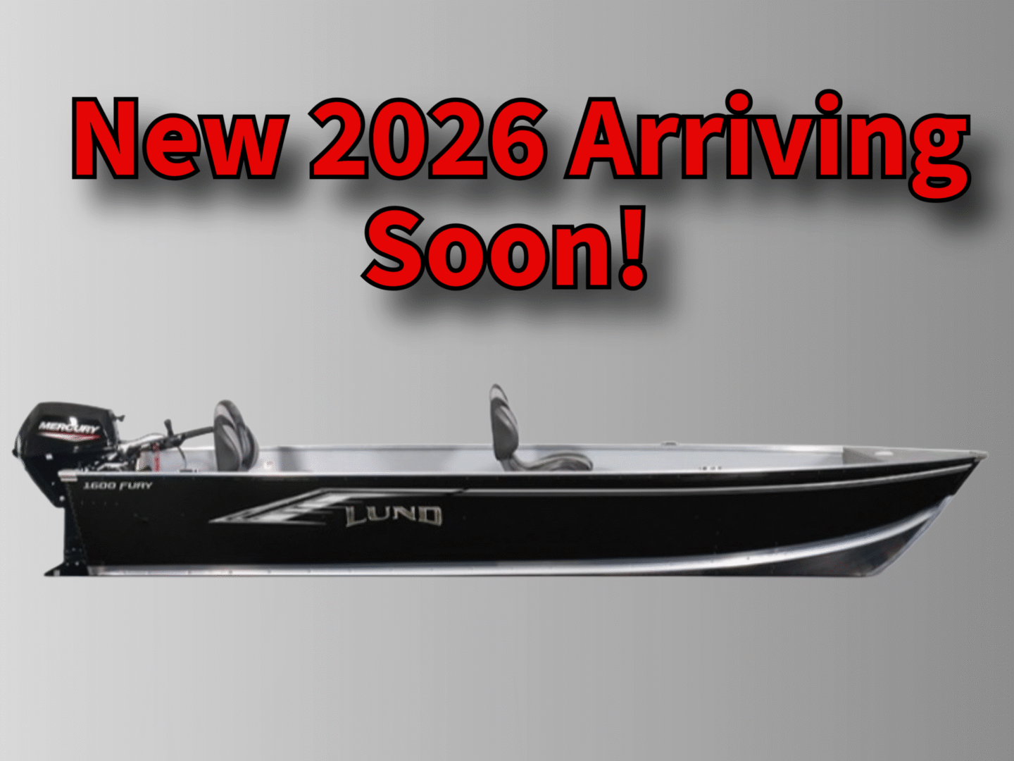 New 2026 Lund fishing boat arriving soon with sleek black design.