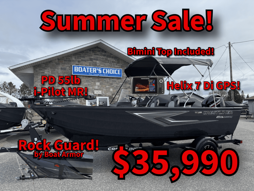 Black Crestliner boat on trailer advertising sale
