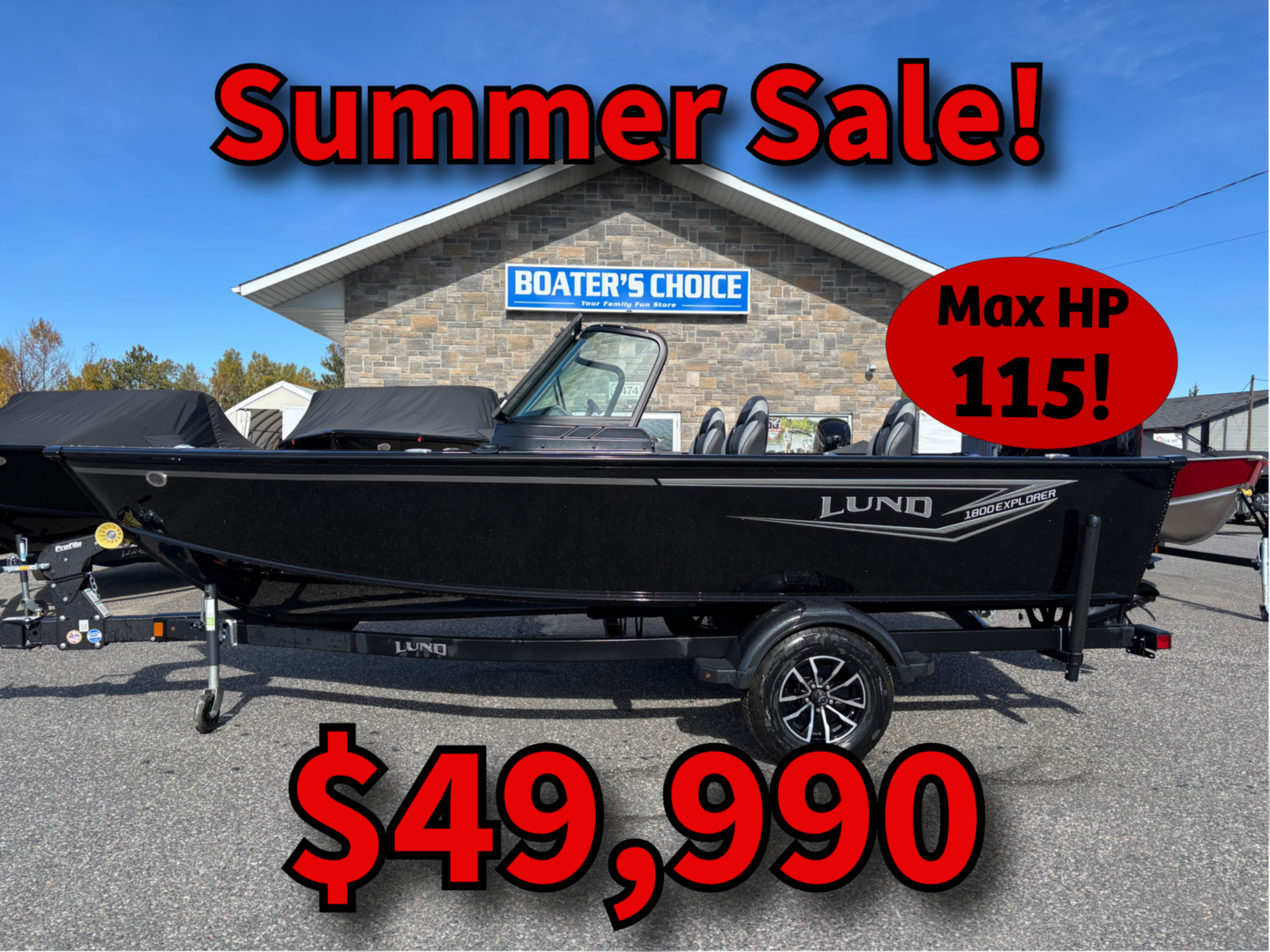 Black Lund boat on trailer with sale text