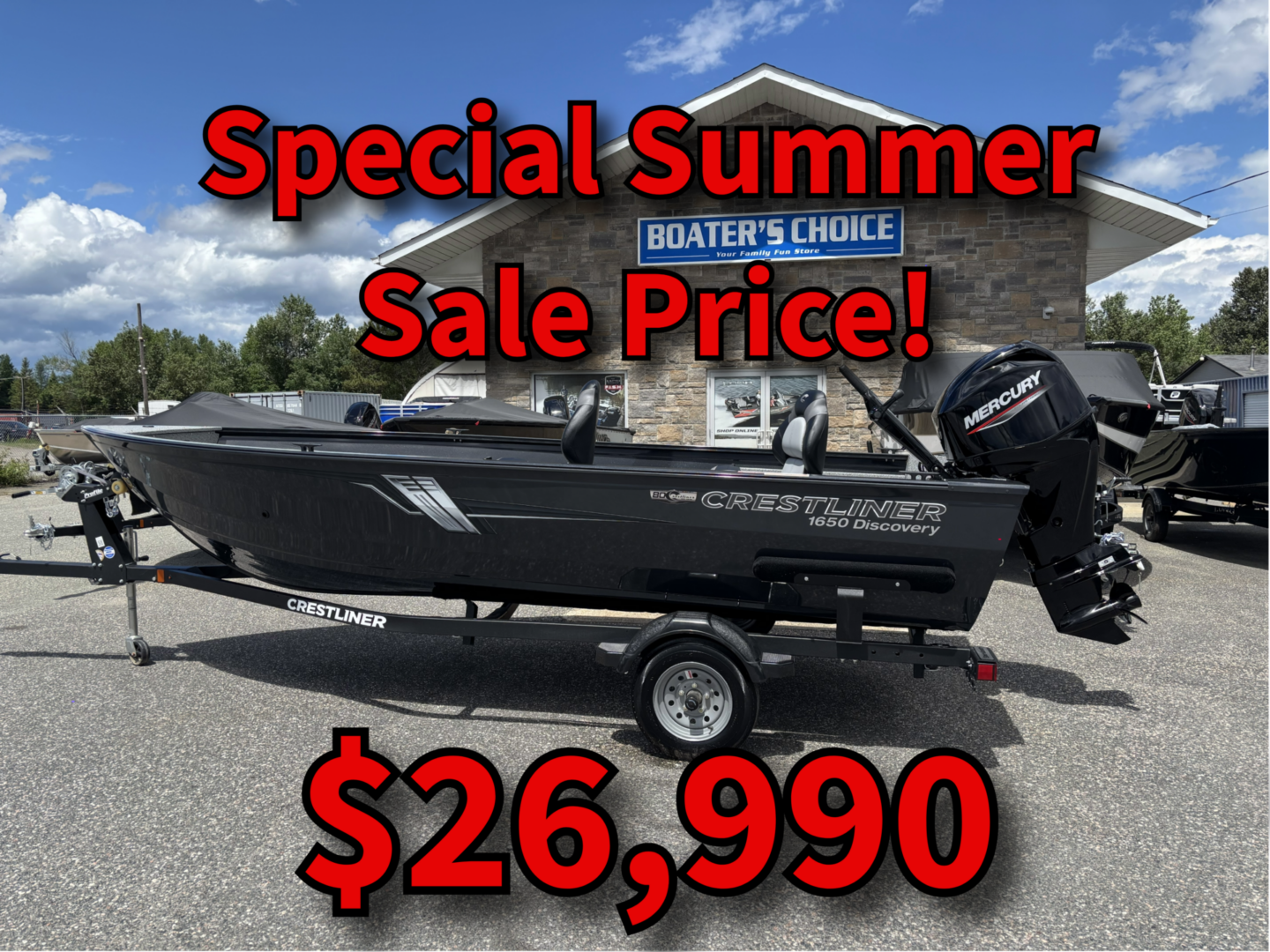Crestliner Discovery on trailer with sale graphics